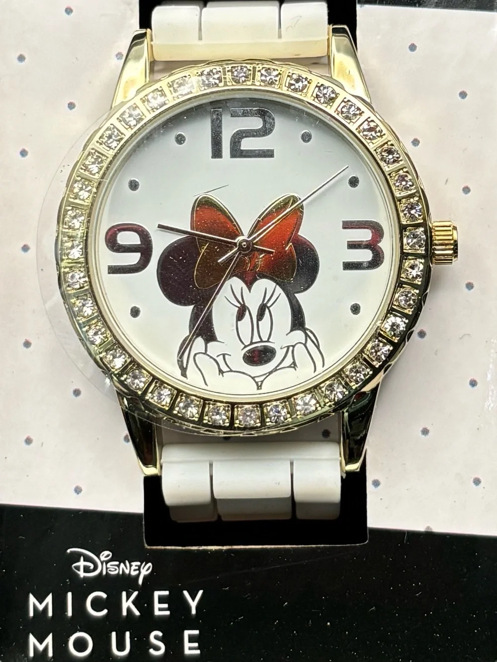 Disney Minnie Mouse Watch in White and Gold with Red Bow